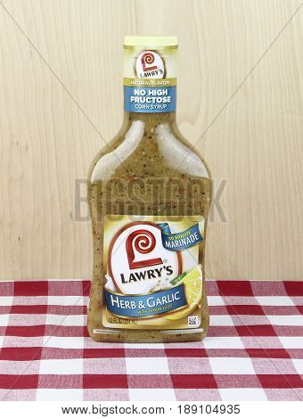 Spencer WisconsinJune 1 2017 Bottle of Lawry's Herb & Garlic Marinade Lawry's is an American based company founded in 1938