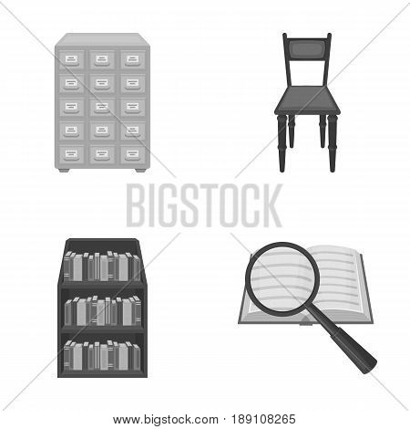 Cabinet with filing cabinet, chair, shelves, information search. Library and bookstore set collection icons in monochrome style vector symbol stock illustration .