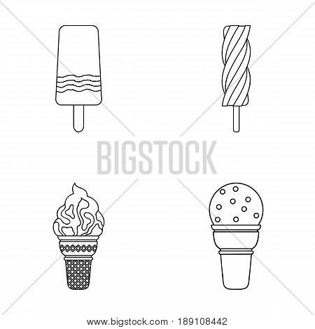 Ice cream on a stick, in a waffle cone and other species. Ice cream set collection icons in outline style vector symbol stock illustration .