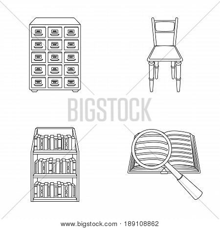 Cabinet with filing cabinet, chair, shelves, information search. Library and bookstore set collection icons in outline style vector symbol stock illustration .