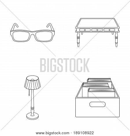 Glasses, a wooden table, a floor lamp, a box with books. A library and a bookstore set collection icons in outline style vector symbol stock illustration .