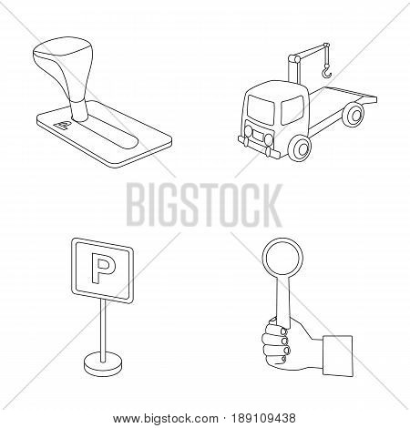 Transmission handle, tow truck, parking sign, stop signal. Parking zone set collection icons in outline style vector symbol stock illustration .