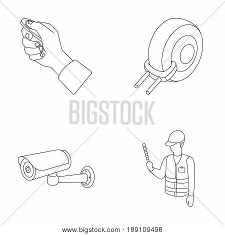 Car alarm, wheel rim, security camera, parking assistant. Parking zone set collection icons in outline style vector symbol stock illustration .