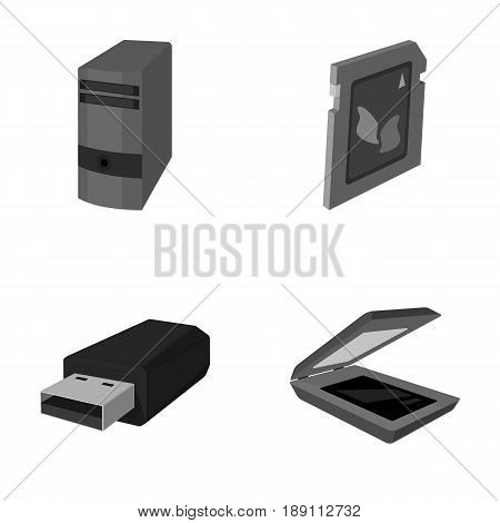 A system unit, a flash drive, a scanner and a SD card. Personal computer set collection icons in monochrome style vector symbol stock illustration .
