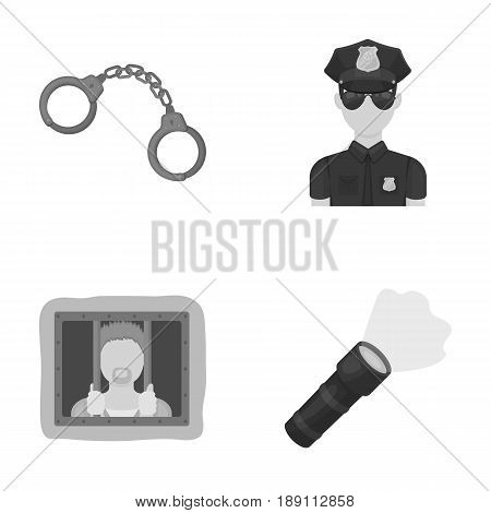 Handcuffs, policeman, prisoner, flashlight.Police set collection icons in monochrome style vector symbol stock illustration .