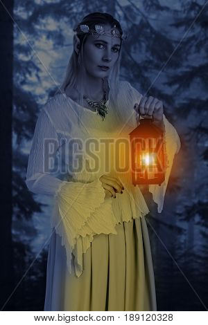 portrait female high elf with lantern at night