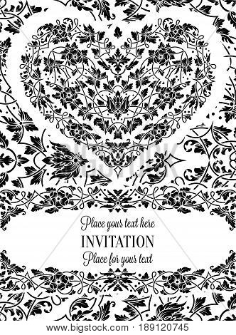 Floral Invitation Card With Antique, Luxury Black And White Vintage Frame And Big Ornamental Heart,v