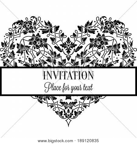Floral Invitation Card With Antique, Luxury Black And White Vintage Frame And Big Ornamental Heart,v