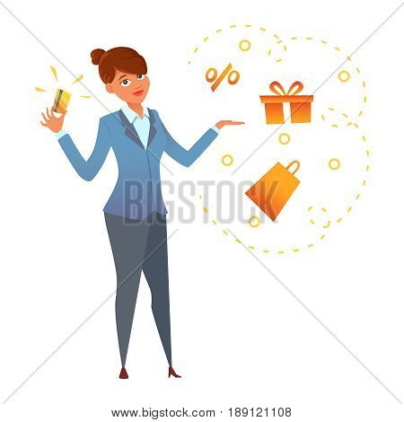 A happy young woman holding a gold credit card in hand. Cartoon character desingn. vector illustration