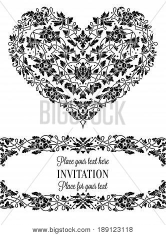 Floral Invitation Card With Antique, Luxury Black And White Vintage Frame And Big Ornamental Heart,v