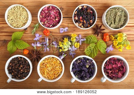 Rose petals and marigold and other herbs for aromatherapy herbal medicine.