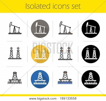 Oil industry icons set. Flat design, linear, black and color styles. Oil production platform, fossil fuel chink, petroleum offshore sea well. Isolated vector illustrations