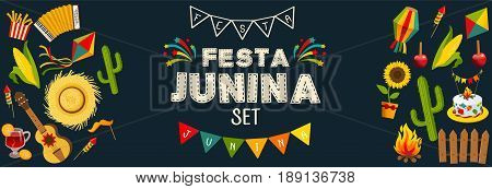 Festa junina horizontal background with decorative frame consisting of traditional celebration symbols flat vector illustration