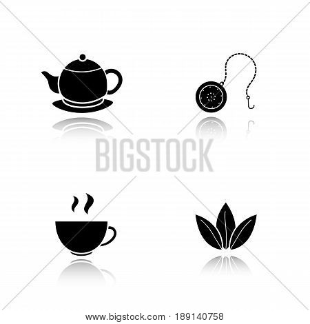 Tea drop shadow black icons set. Steaming cup, teapot on plate, loose tea leaves and ball infuser. Isolated vector illustrations