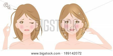 healthy hair woman and damaged hair woman
