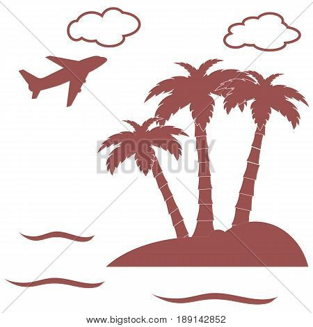 Stylized Icon Palm Trees On An Island In The Ocean And A Flying Plane