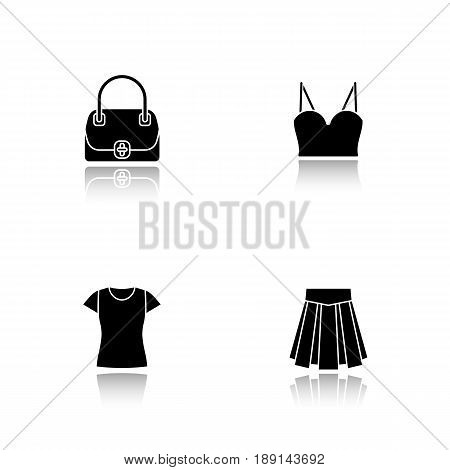 Women's accessories drop shadow black icons set. Handbag, top, skirt, t-shirt. Isolated vector illustrations