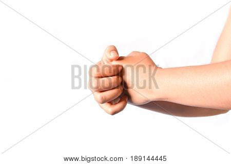 Close up of people scratch itch hand on gray background