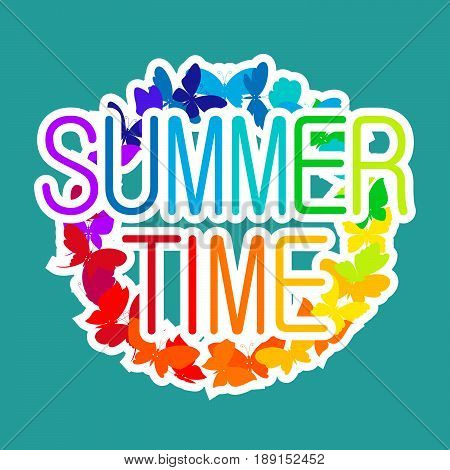 Round frame from vivid colorful butterflies on greenbackground. Inscription summer time. Color silhouettes of butterflies flying. Vector illustration butterfly