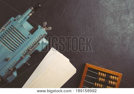 The Old Computing Machine And Wooden Abacus. The Concept Of Accounting