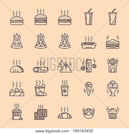 Illustrations set of junk and fast food on colored background