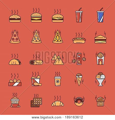 Illustrations set of junk and fast food on colored background