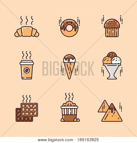 Illustrations set of junk and fast food on colored background
