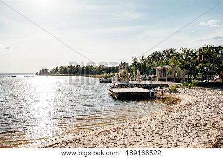 Panorama sunset, landscape in summer. Beach of sand