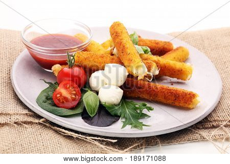 Breaded Mozzarella Cheese Sticks With Tomato Ketchup And Bbq Sauce