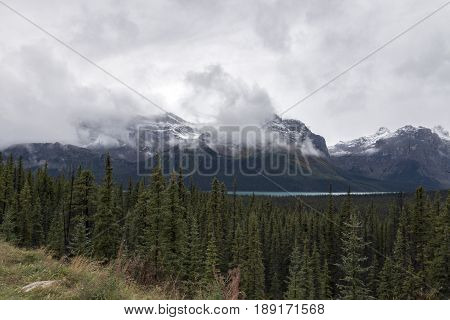 The spectacular view from a turnout along the Icefields Parkway in Banff National Park Alberta Canada.