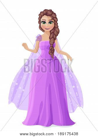 Illustration Of A Cute Princess In A Purple Dress With Brown Hair.