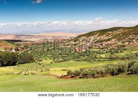 Morocco, High Atlas Landscape. Valley near Marrakech on the road to Ouarzazate.Spingtime, sunny day. Africa.
