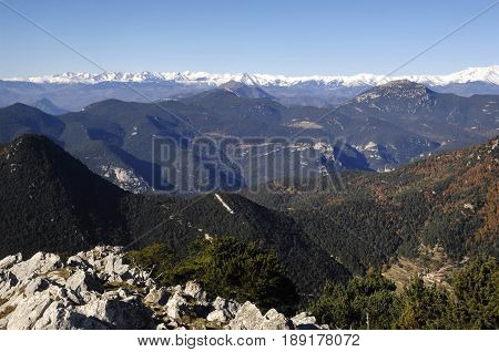View of pyrenees moutain fron La Mare de Deu del Mon Albanya Girona province Catalonia Spain