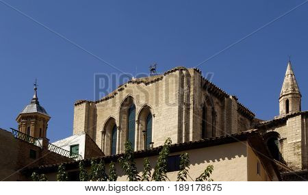 Close up of bell tower of Cathedral of Tudela Navarra Spain
