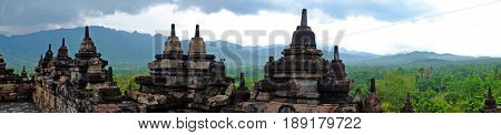 Panorama from Borobudur, 9th-century Buddhist Temple in Magelang, Central Java Asia