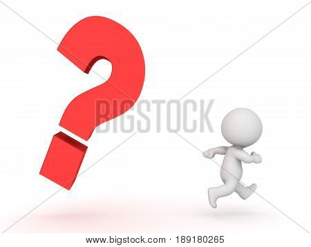 3D Character being chased by question mark. Image conveying the stress of answering a question or not knowing and answer.