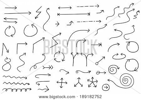 Set or collection of vector cartoon doodle hand drawn arrow symbols in black and white color