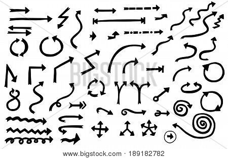 Set or collection of vector cartoon doodle hand drawn arrow symbols in black and white color