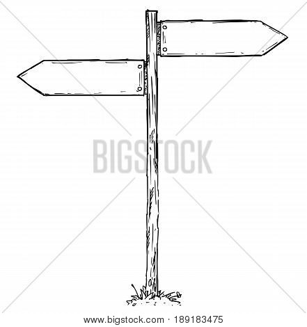 Vector cartoon doodle hand drawn crossroad wooden direction sign with two arrows pointing left and right as decision guide