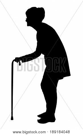 Silhouette Of Elderly Woman With Bent Back Walking With Cane