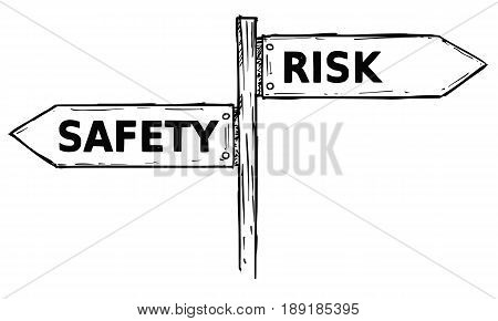 Vector cartoon doodle hand drawn crossroad wooden direction sign with two arrows pointing left and right as safety or risk decision guide