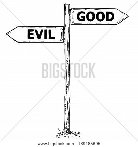 Vector cartoon doodle hand drawn crossroad wooden direction sign with two arrows pointing left and right as good or evil decision guide