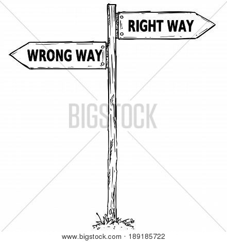 Vector cartoon doodle hand drawn crossroad wooden direction sign with two arrows pointing left and right as rent or buy decision guide