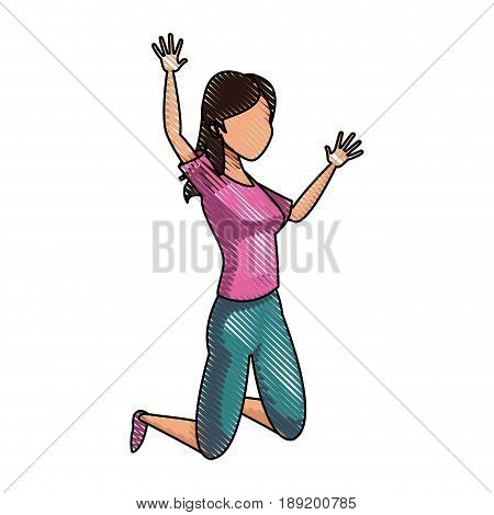 jumping happy woman in jeans and shirt image vector illustration