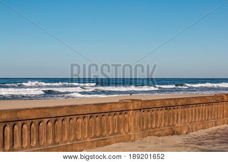 Mission Beach boardwalk seawall in San Diego, California after its 2016 restoration to its original look from the 1920s.