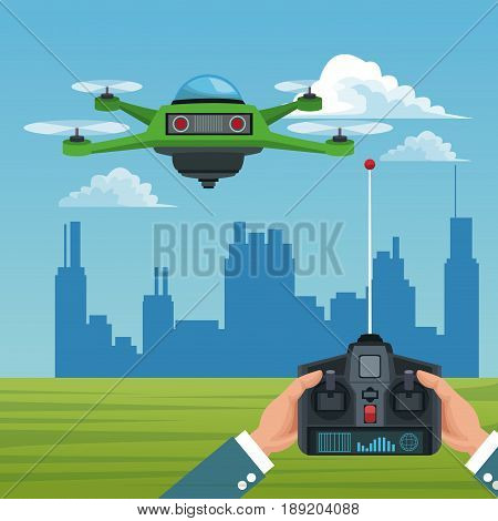 sky landscape with buildings scene and people handle remote control with green robot drone with four airscrew vector illustration