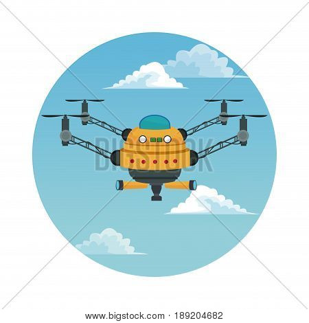 circular frame with sky landscape scene and yellow robot drone with four airscrew and pair of telescope vector illustration