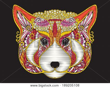 Embroidery ethnic patterned ornate head of red panda - fire fox. Stock vector illustration.