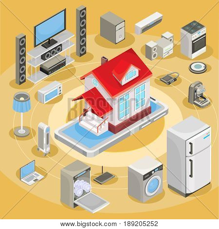 isometric illustration of an abstract scheme of the smart home, controlling through internet home work equipment. The concept of comfort and safety of a smart home.