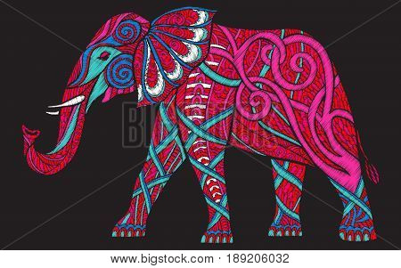 Embroidery ethnic patterned ornate elephant. Stock vector illustration.